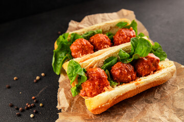 Meatball sandwich fast food meat dish fresh delicious gourmet food background on the table rustic food top view copy space