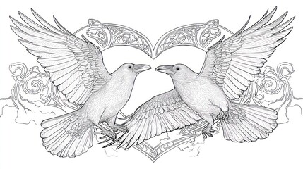 Two elegant ravens embrace in a symbolic heart, wings spread. Detailed lines bring artistry