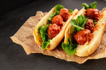 Meatball sandwich fast food meat dish fresh delicious gourmet food background on the table rustic food top view copy space