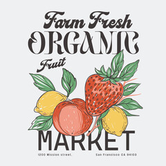 Farm Fresh Organic Fruit t shirt design. summer fruit Amalfi lemon, strawberry, apricot mixed fruit artwork in hand drawn. its a food fashion graphic poster.