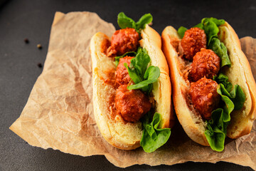 Meatball sandwich fast food meat dish fresh delicious gourmet food background on the table rustic food top view copy space