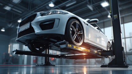 A sleek white car is elevated on a lift in a modern garage, showcasing its design in a well-lit, industrial environment.