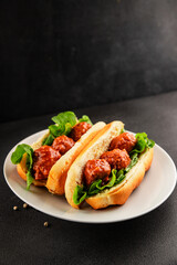Meatball sandwich fast food meat dish fresh delicious gourmet food background on the table rustic food top view copy space