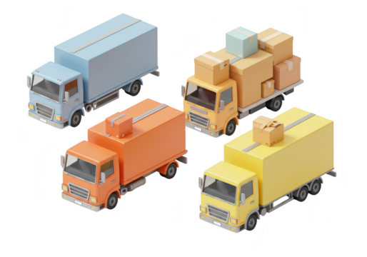 Photo of a collection of toy delivery trucks carrying boxes, rendered in 3d, isolated on a transparent background