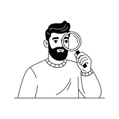 Man looking through magnifying glass with focus and curiosity in line art style