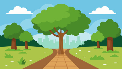 Obraz premium Quiet Section of a City Park with Brick Pathway and Bench