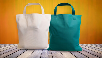 Two reusable shopping tote bags, one white and one teal, standing on wooden floor with vibrant orange gradient background. Ideal for eco-friendly, retail, or branding mockup purposes.