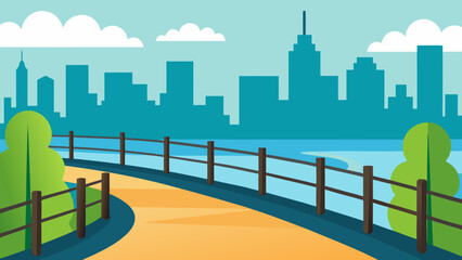 Charming Riverside City Park with Railing and Cobbled Walking Path
