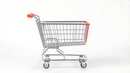 Empty metal shopping cart isolated on a plain background.