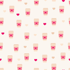 seamless delicate pattern with paper coffee cups and hearts