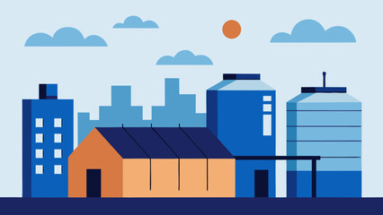 Obraz premium Urban Rooftop View with Water Tanks Solar Panels and City Structures