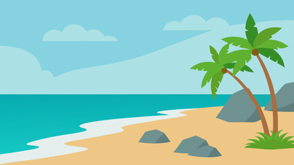 Obraz premium Smooth Tropical Beach with Minimalist Leaves and Elegant Rock Formations