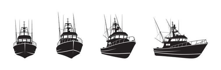 Set of a sport fishing boat silhouettes from different angles. Collection of a charter fishing boat in front, side and perspective views On white background