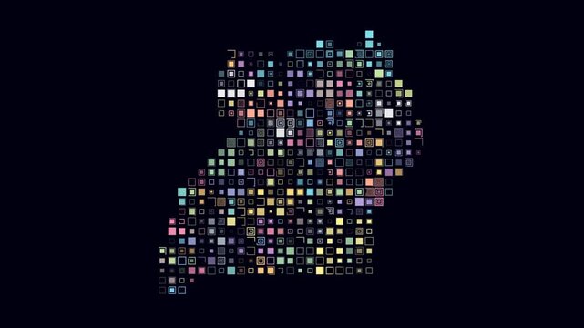 Uganda dotted animation. Shape of the country build of pulsating colored dots. Large size square blocks. Digital style map on dark background. Amazing video.