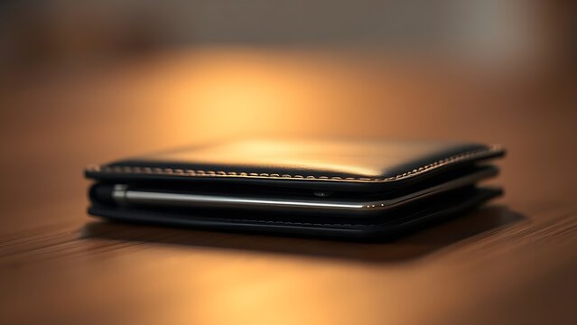 A sleek wallet lies on a wooden surface, highlighted by warm ambient lighting in a minimalist setting.