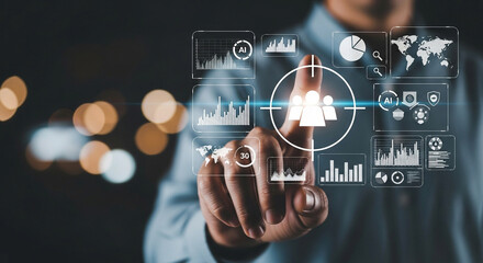 Businessman's hand pushing a virtual button on a digital screen, symbolizing future business success and online solutions