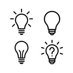 Four stylized light bulb icons representing ideas and questions isolated on white background