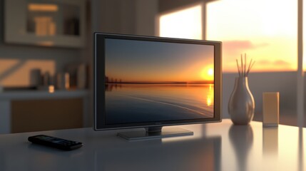 Fototapeta premium Modern flat-screen TV on Table displaying serene sunset landscape photorealistic living room with warm lighting and soft interior accents