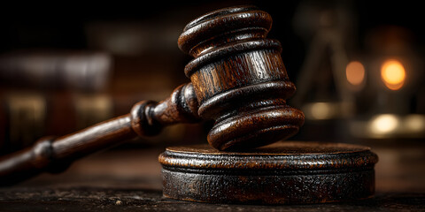 Symbol of Justice: An expertly captured image of a wooden gavel, resting on its block, symbolizes justice, law, and legal proceedings with a focus on courtrooms and jurisprudence.