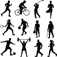Sports and Fitness Activity Silhouettes Vector – Running, Cycling, Golf, Yoga, Tennis, Basketball, Weightlifting, Walking, Exercise Icons – Black Athlete Silhouette Set – Workout, Gym, Training, Outdo