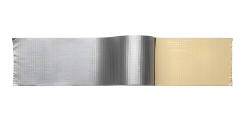 Gray duct tape piece with unfolded adhesive and fabric side isolated on transparent background. Silver metal surface. Sticky yellow part. Template mockup for message, labels, add text, design elements