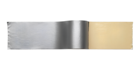 Gray duct tape piece with unfolded adhesive and fabric side isolated on transparent background. Silver metal surface. Sticky yellow part. Template mockup for message, labels, add text, design elements