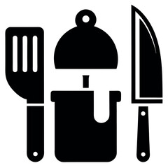 Black and White Culinary Featuring Spatula, Saucepan with Lid, and Sharp Chef's Knife