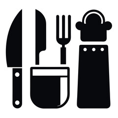 Black and White Illustration of Kitchen Utensils Including Knife, Fork, and Salt Shaker