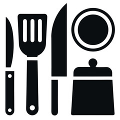 Black and White Silhouette of Kitchen Utensils Including Knives, Spatula, Plate, and Covered Container