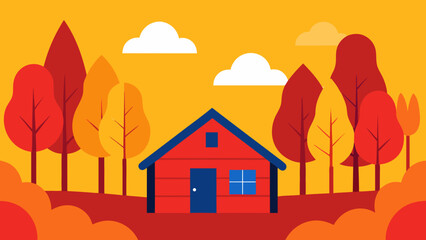 Quaint tiny red cabin nestled between colorful autumn trees