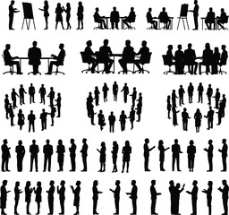 Business meeting silhouettes, teamwork collaboration, professional office environment, corporate discussions, group brainstorming, workplace diversity