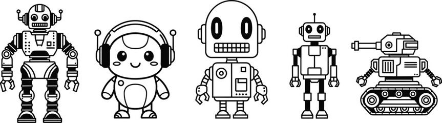 Cute robot illustrations, futuristic cartoon characters, vector design, artificial intelligence concept, colorful machines, technology art, digital drawing, robotics theme