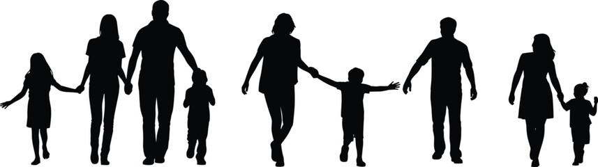 Family silhouette, children and adults, walking together, holding hands, unity, community, black figures, white background, connection, togetherness