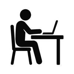 Simple black silhouette of a person working on a laptop at a desk isolated on white background