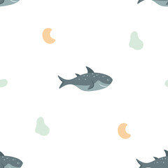 Seamless pattern with smiling gray sharks swimming among soft abstract shapes on a white background. Playful cartoon marine illustration.
