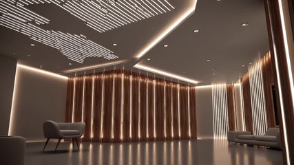 sleek modern interior design features flowing wood surfaces and curved LED light strips that bathe the room in ambient glow creating futuristic architectural footage perfect for luxury home tours - Powered by Adobe