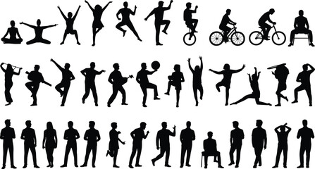 Silhouette collection of yoga, dance, sports, fitness, meditation, cycling, walking, jumping, stretching, human poses, activities, exercise, unicycle, action, movement