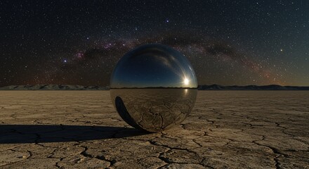 Stunning desert landscape reflecting the night sky in a captivating sphere under the stars