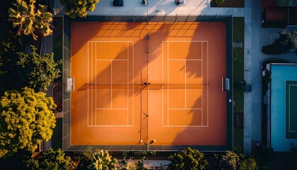 Aerial view of a sunlit clay tennis court surrounded by lush green trees