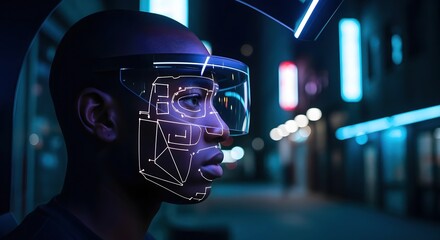 Person wearing AR glasses with facial recognition at night city background