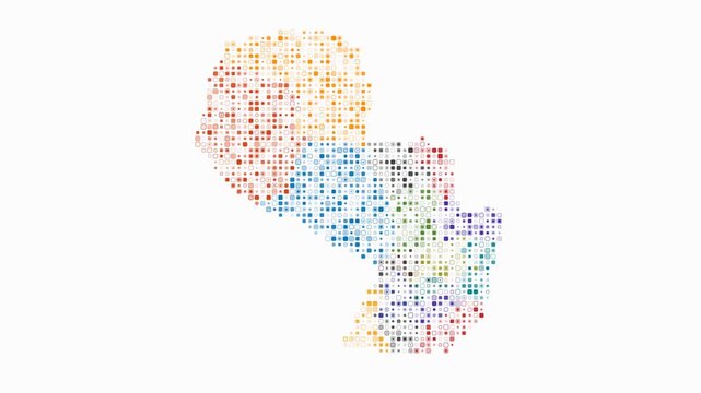 Paraguay dotted animation. Shape of the country build of pulsating colored dots. Small size rounded square blocks. Digital style map on white background. Stylish video.
