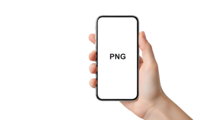 Hand holding smartphone with a blank white screen png    .ai generative, transparent background, white background. isolated on white background, png, jpeg, jpg.