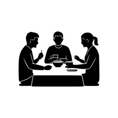 Three people sit at a table, eating a meal together in a simple, silhouetted illustration.