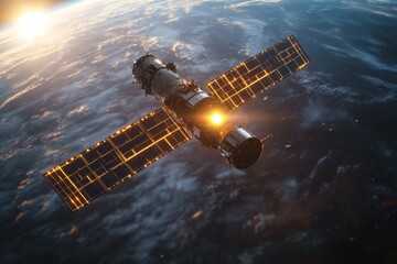 selective focus on futuristic LiDAR scanner mounted on orbiting satellite