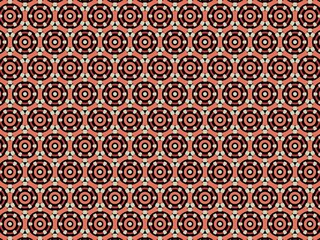 Seamless geometric pattern with concentric circles in coral and black.