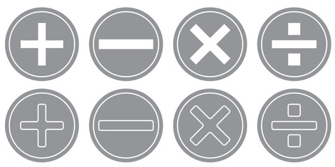 Plus, minus, multiply, divide and equal sign icon design set. Addition, subtraction, multiplication, division, equal sign, icon symbol. Mathematical symbol icon.
