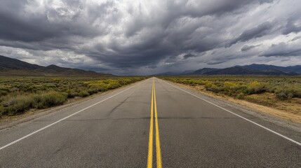 Fototapeta premium Cinematic perspective of endless road under stormy heavens. Great for soundtrack album art, screenplay pitch decks, or environmental awareness materials.