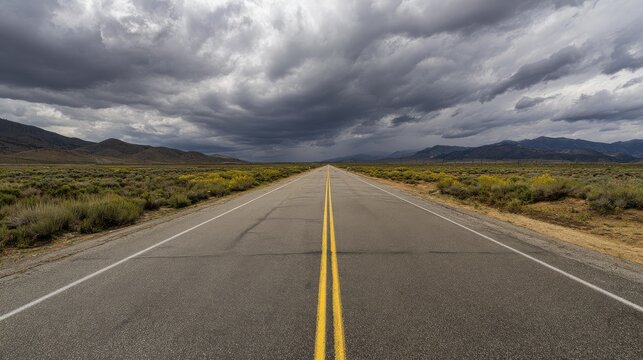 Cinematic perspective of endless road under stormy heavens. Great for soundtrack album art, screenplay pitch decks, or environmental awareness materials.