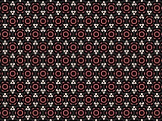 Seamless dark pattern with red and beige circles and shapes.