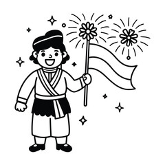 Traditional Celebration Character Holding Flag with Fireworks and Smiling Expression